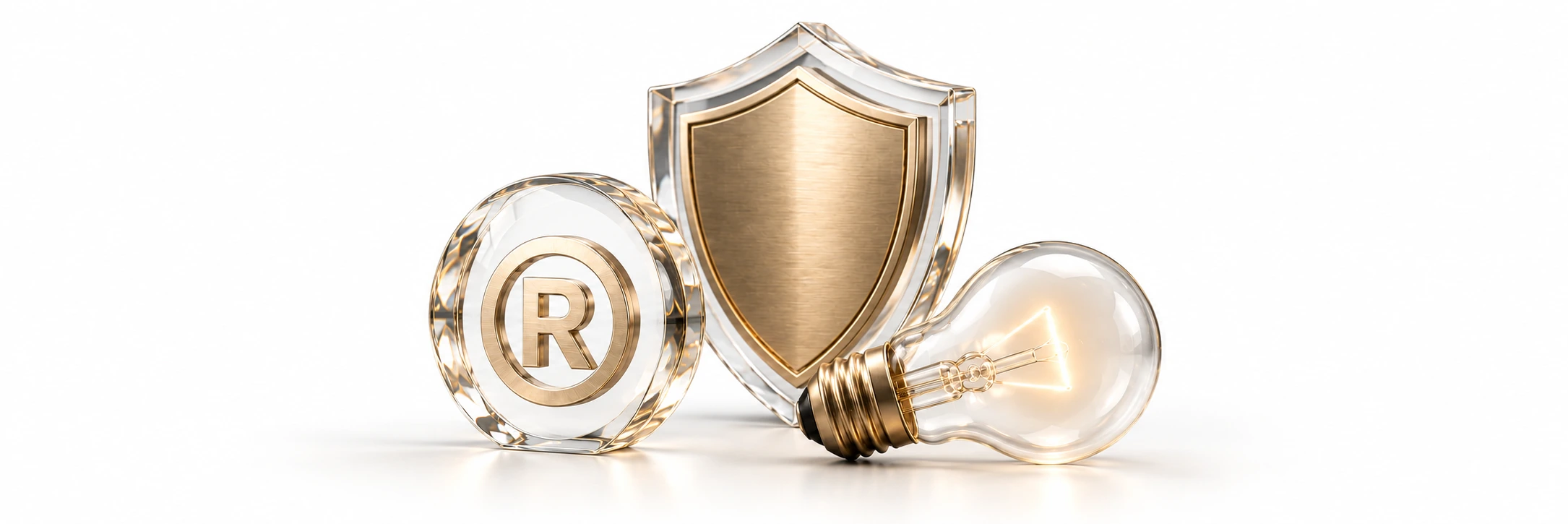 Símbolo de registro, escudo e lâmpada em vidro e metal champagne sobre fundo branco